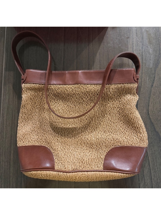 Evan Picone Handbags - Evan Picone Woven Shoulder Bag Brown Faux Leather Trim Summer Beach Tote Purse